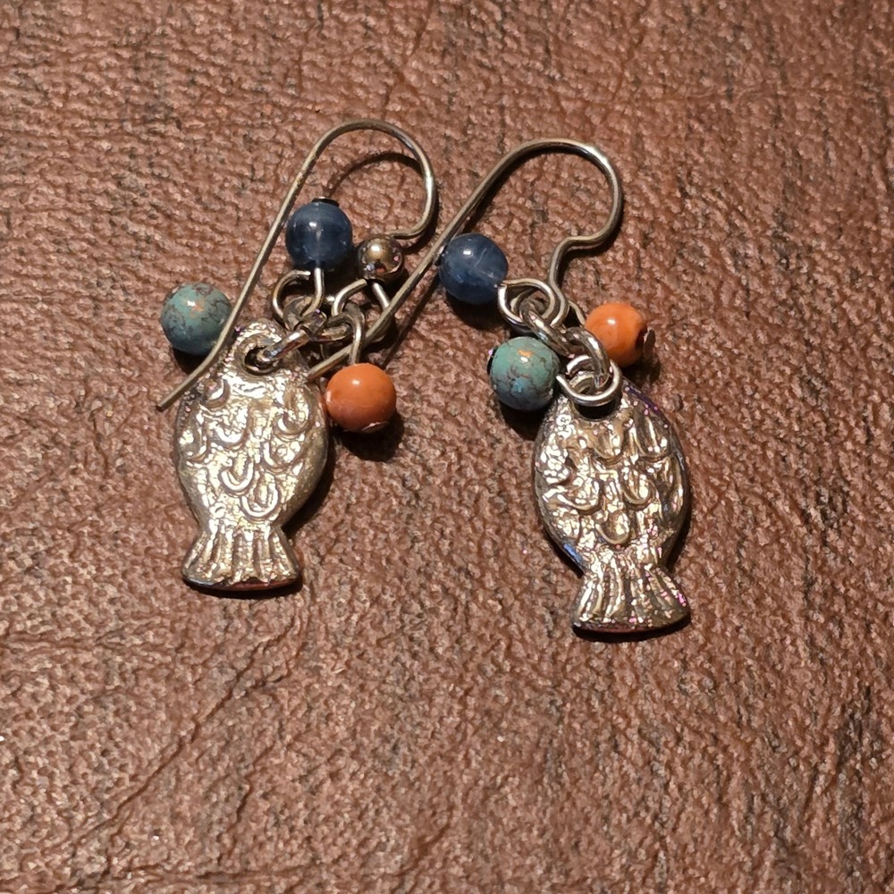 Artisan Silver Tone Fish Dangle Earrings with Turquoise Coral Lapis Style Beads